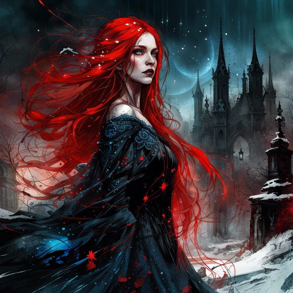 Vampire Princess in Snowy Graveyard: Dark Fantasy