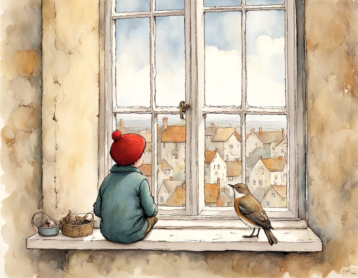 Little Boy Enjoys Gentle Moment with Singing Bird Outside Wi...