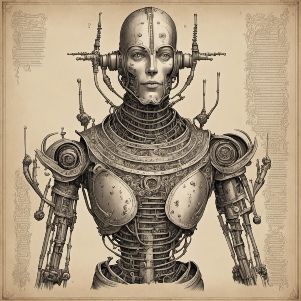 Cyborg Patent Drawing with Ink and Illumination