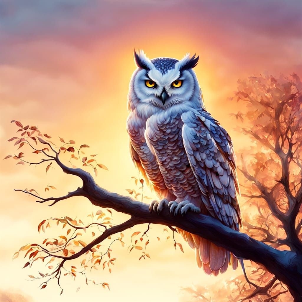 Snow Owl Illuminated in Vibrant Autumn Sunset