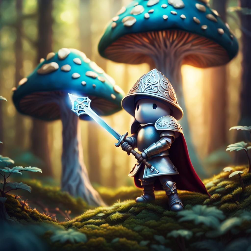 Mushroom Knight in Magical Forest Illustration