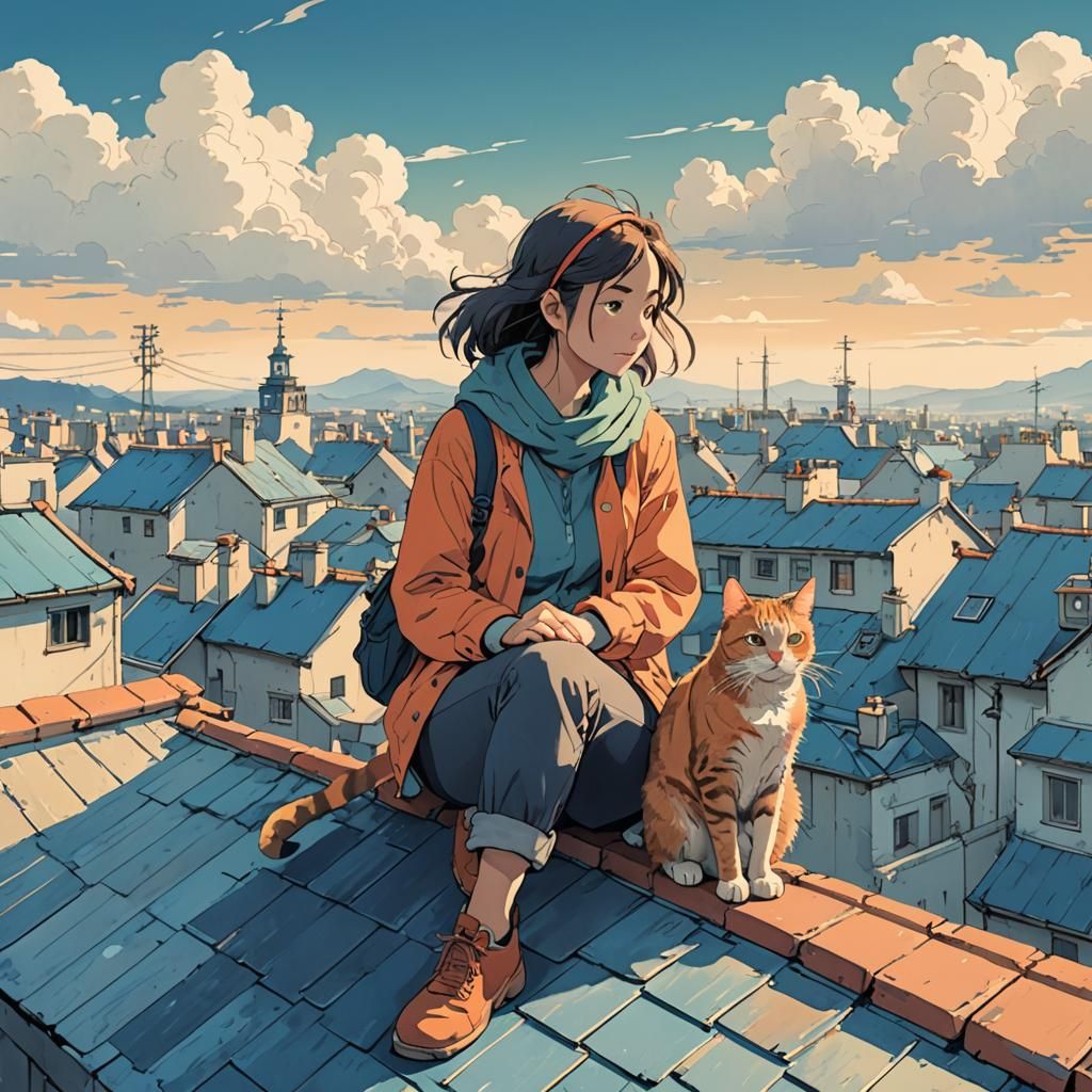Girl and Cat on Roof: Ghibli-esque Illustration