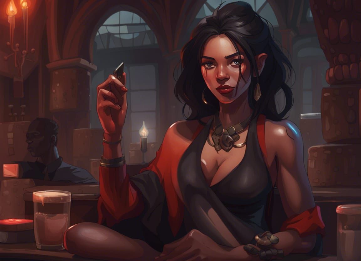 Detailed Portrait of a Demon Girl in a Bar