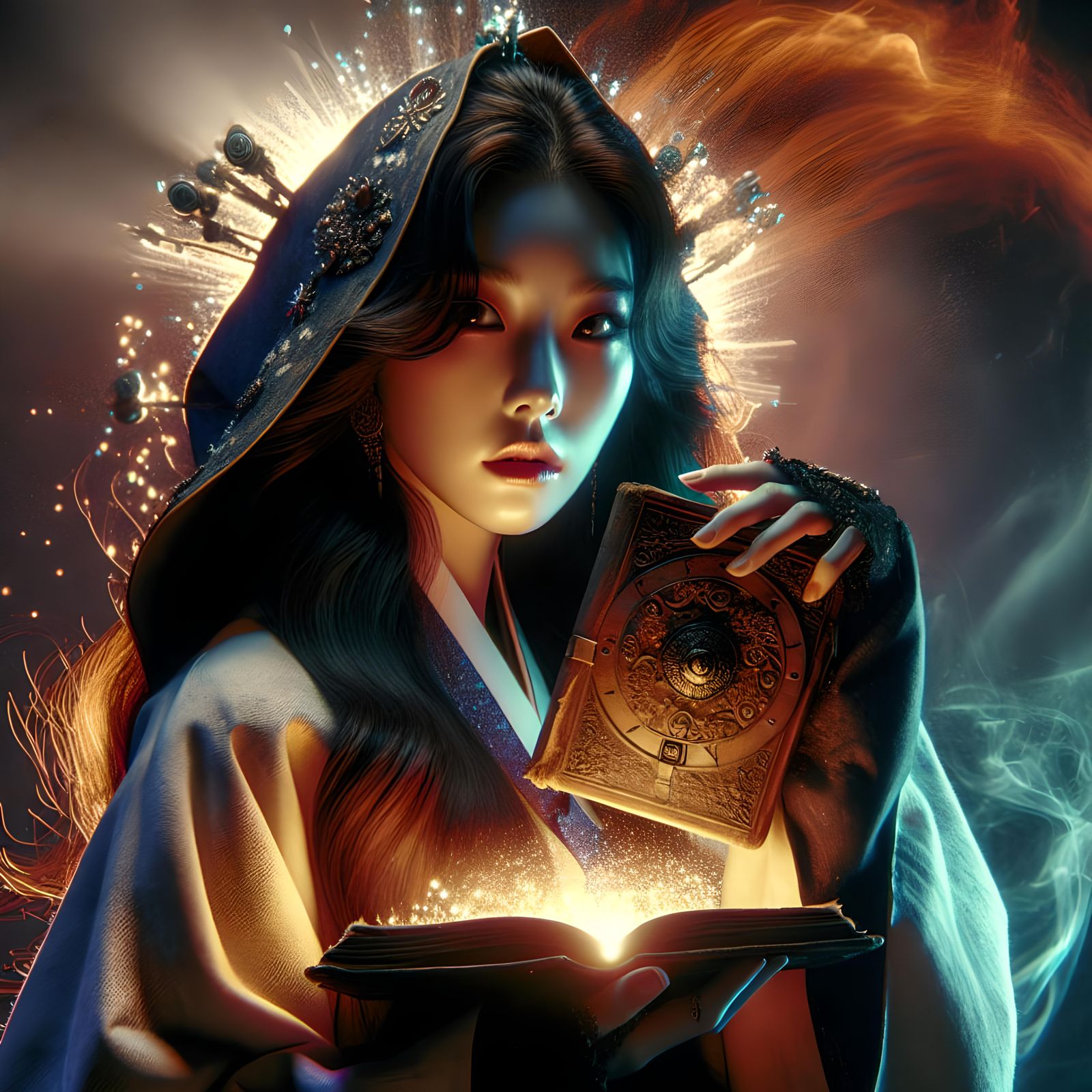Korean Shaman with Spell Book in Dramatic Lighting