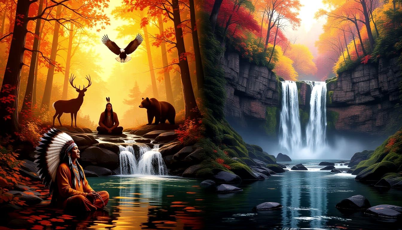 Autumn Waterfall Harmony with Nature Art