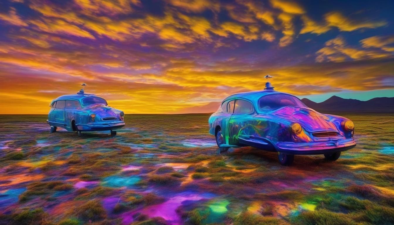 Microsized Spaceship Travels Through Joyful Artpunk Landscap...