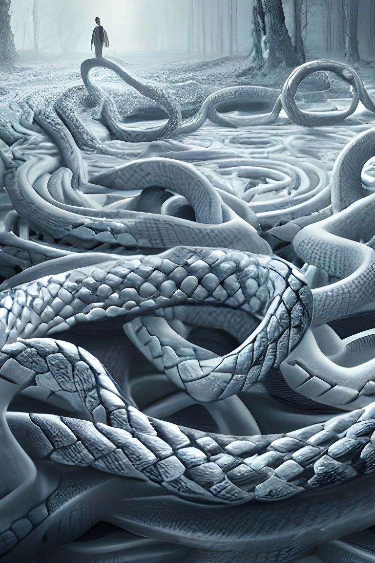 Albino Snake Pit with Norse Knots in Dystopian Landscape