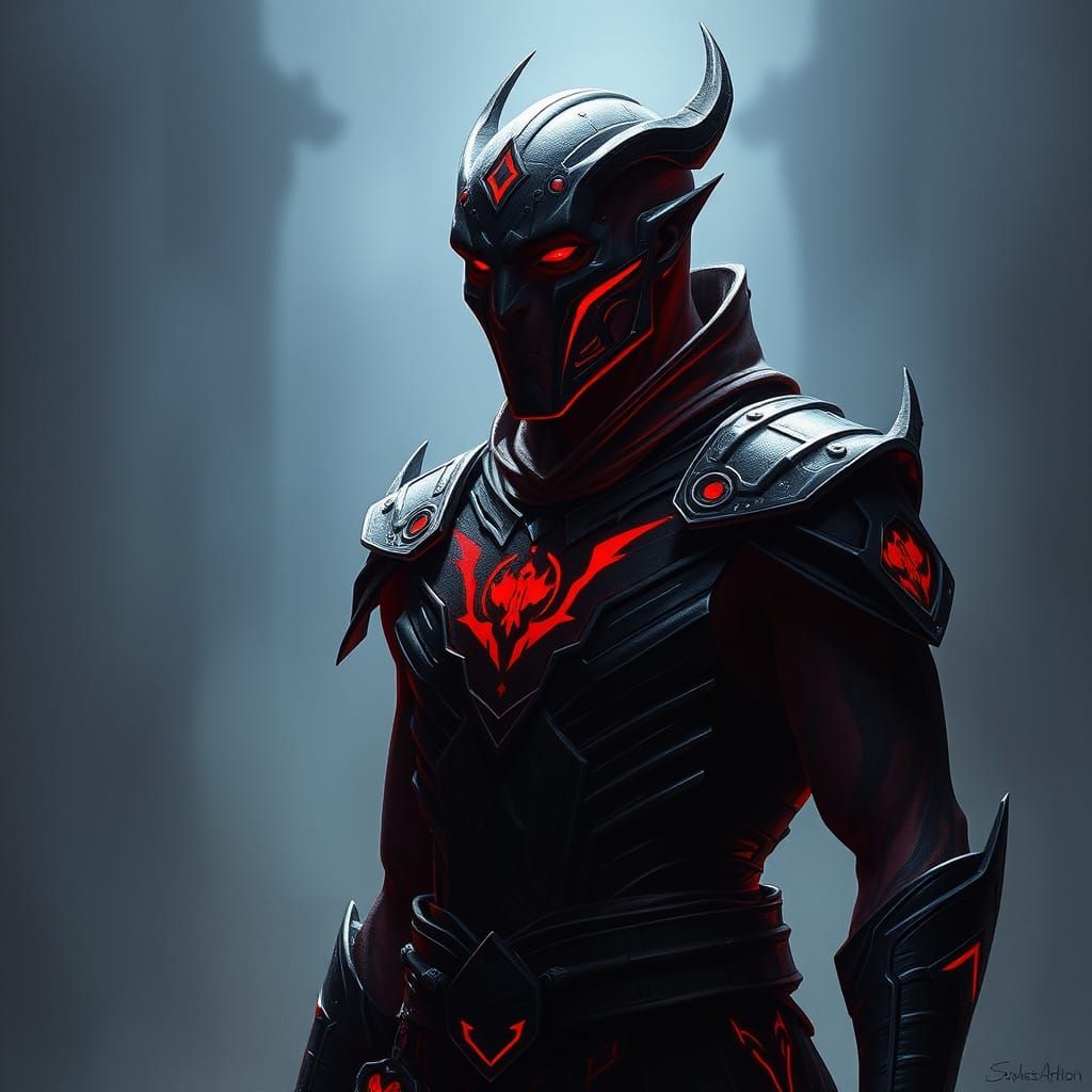 Sith-Zeltron Hybrid in Dark, Crimson Armor, Illuminated by M...