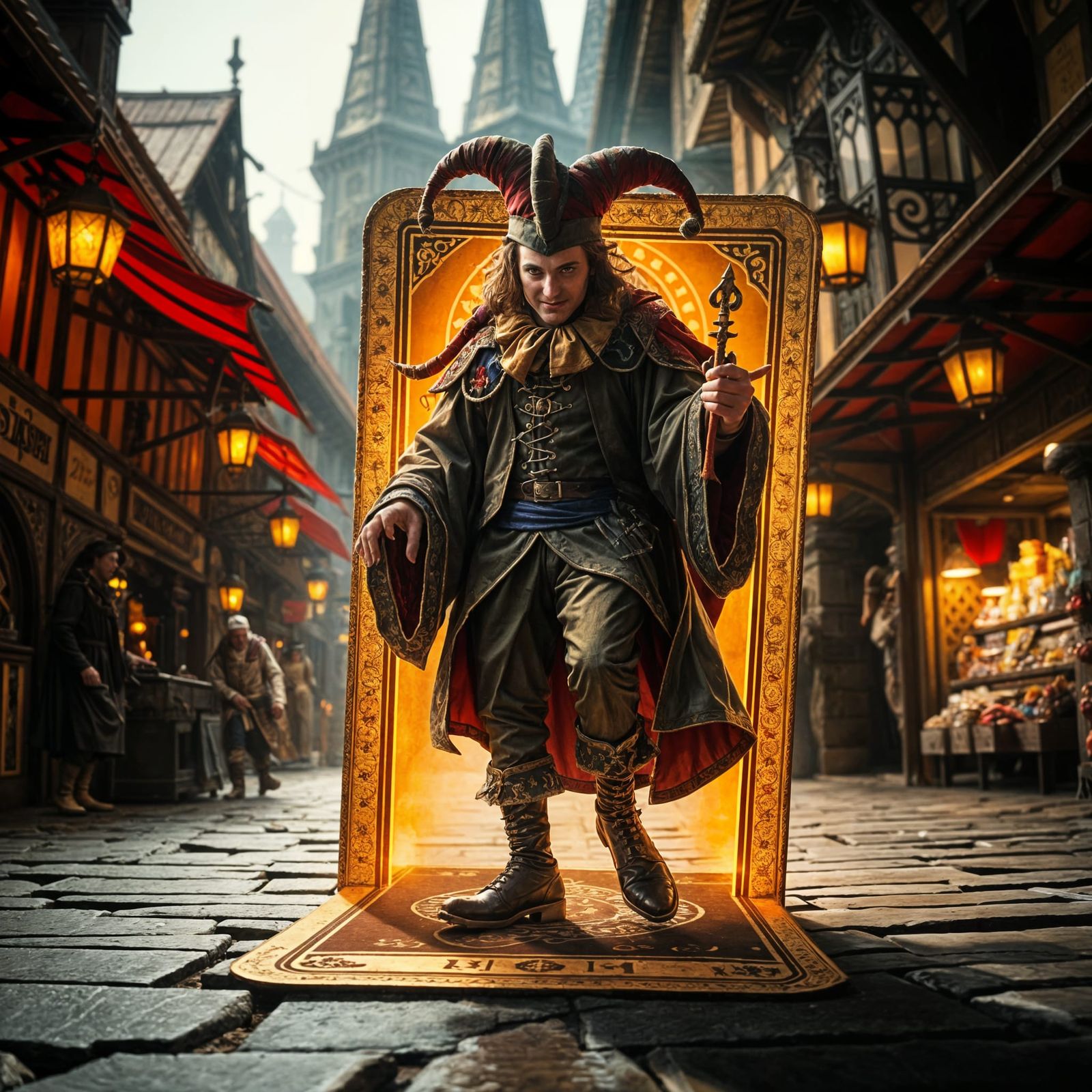 Medieval Jester Emerges from Tarot Card in Vibrant Medieval....