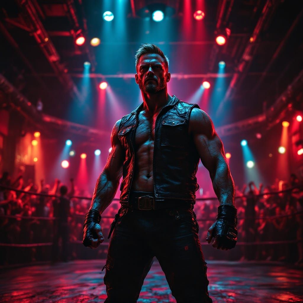 Cyberpunk Fight Club Showdown in Neon-Lit Underground Arena