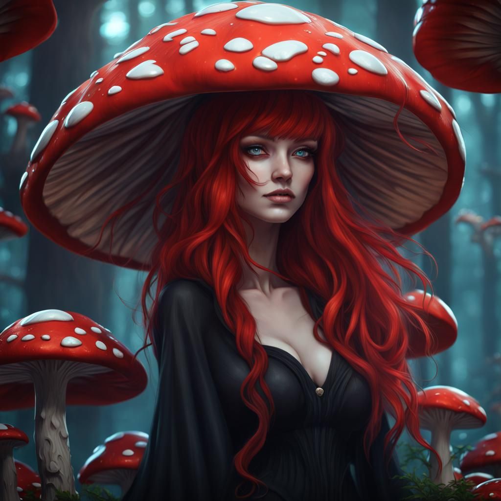 Anime Mushroom Woman in Dark Forest