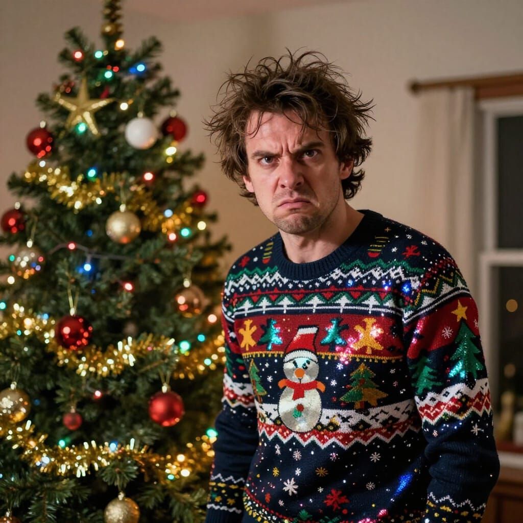 Furious Man in Tacky Sweater Beside Chaotic Christmas Tree