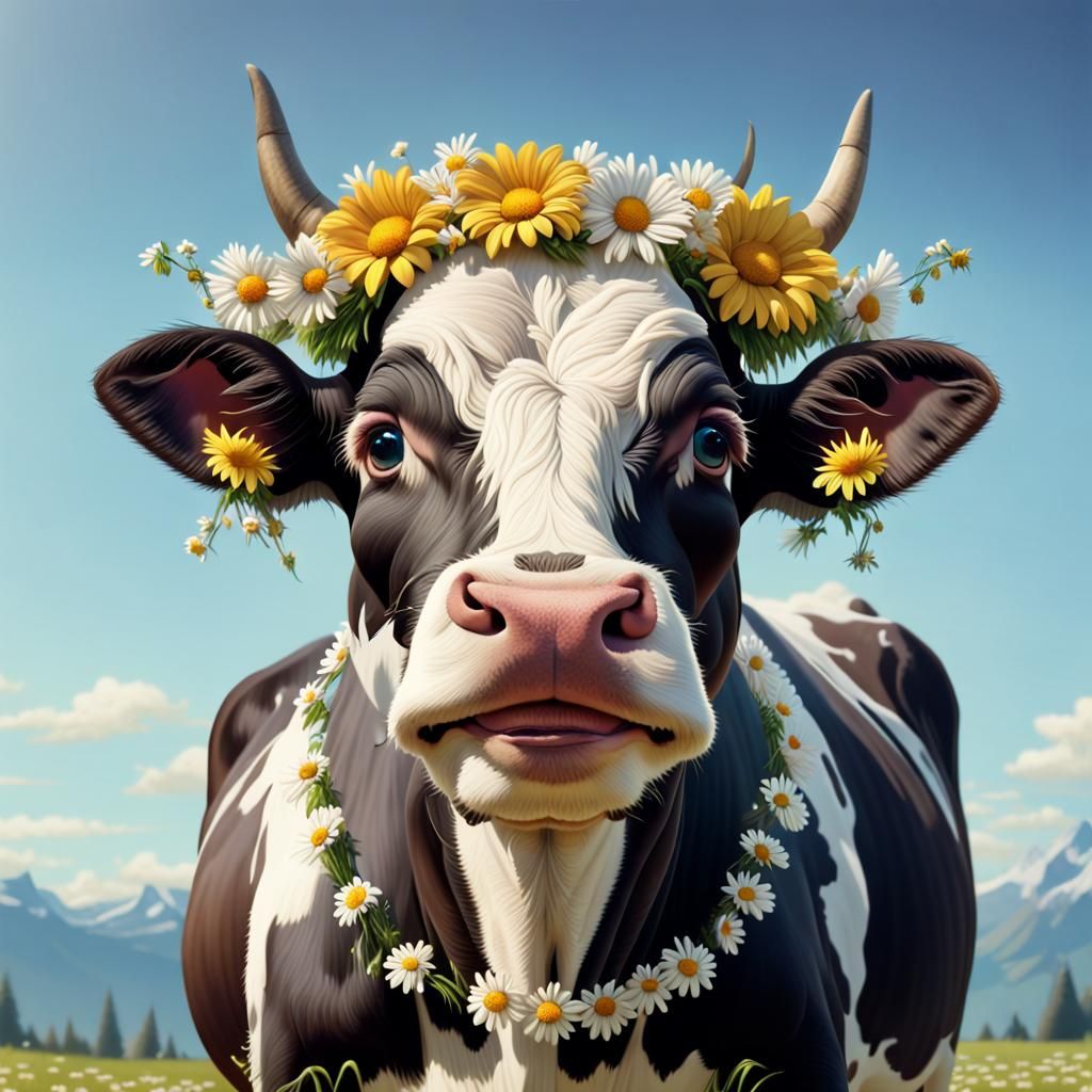 Happy Cow with Floral Garland in Daisy Field