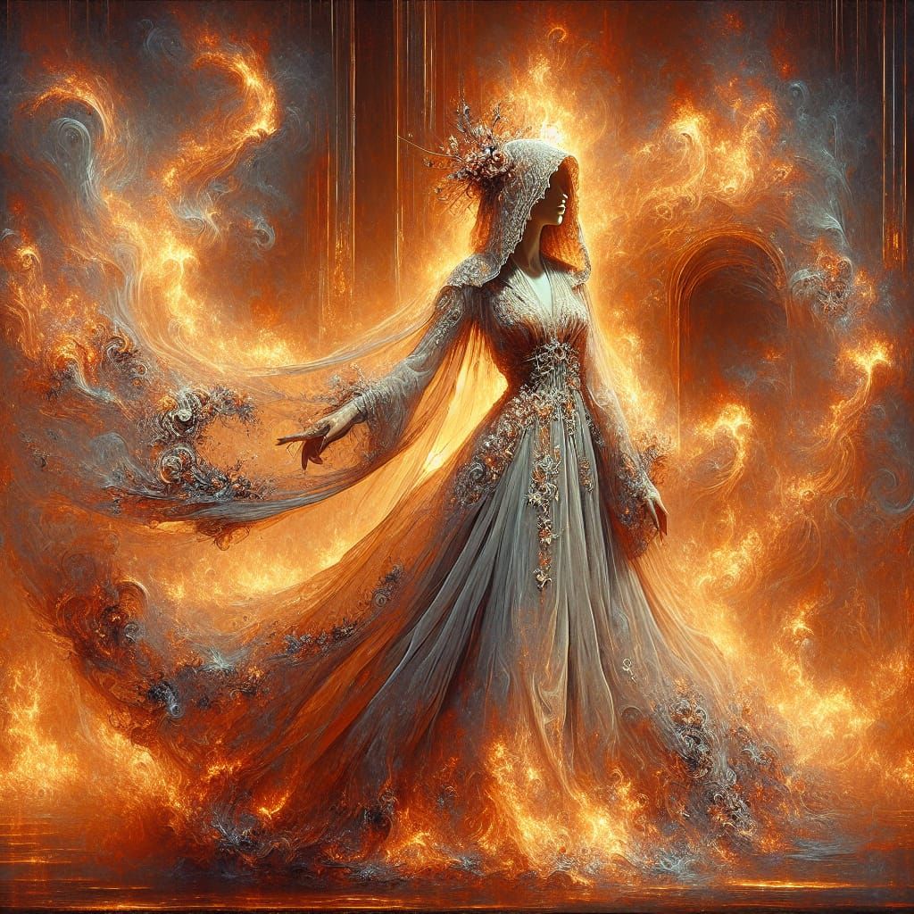 Elegantly Dressed Woman Amidst Flames: Victorian Art