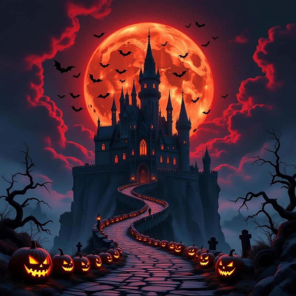 Gothic Castle Under Blood Moon