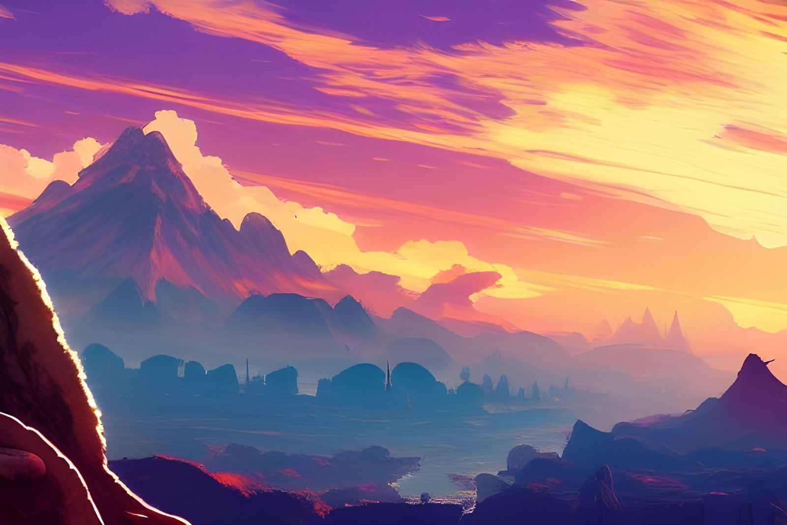 Epic Natural Landscape at Sunset, Fantasy Style