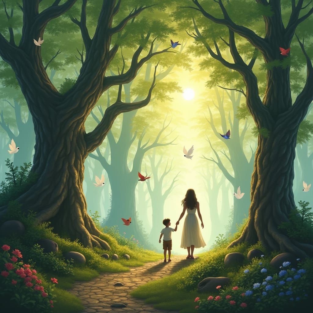 Ethereal Forest Walk Towards Angelic Light