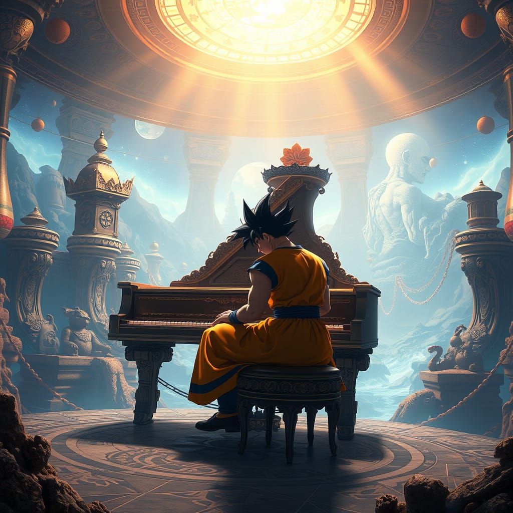 Majestic Goku in Dreamlike Piano Enclave