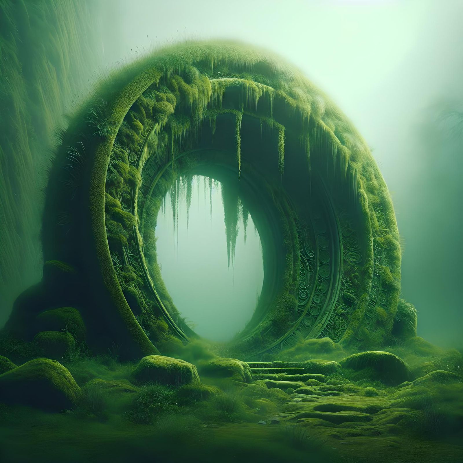 Mysterious Ancient Portal in Eerie Fog