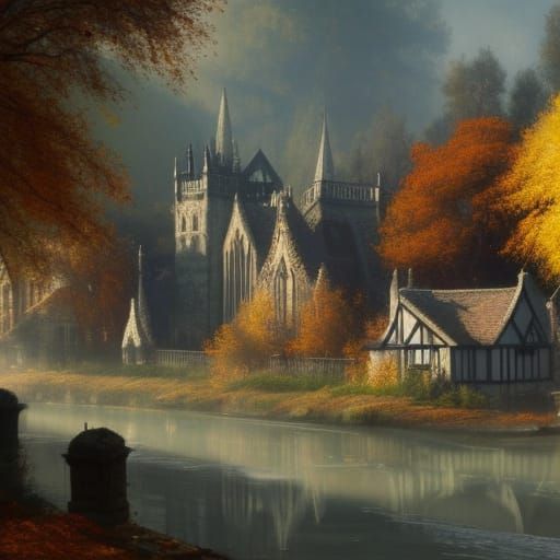 Victorian Village in Autumnal Aspen Forest, Gothic Art