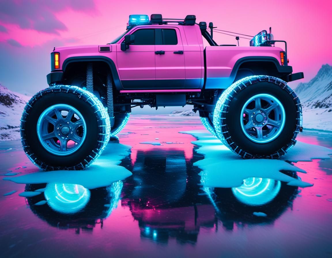 Synthwave Tow Truck on Icy Road in Cyberpunk Style