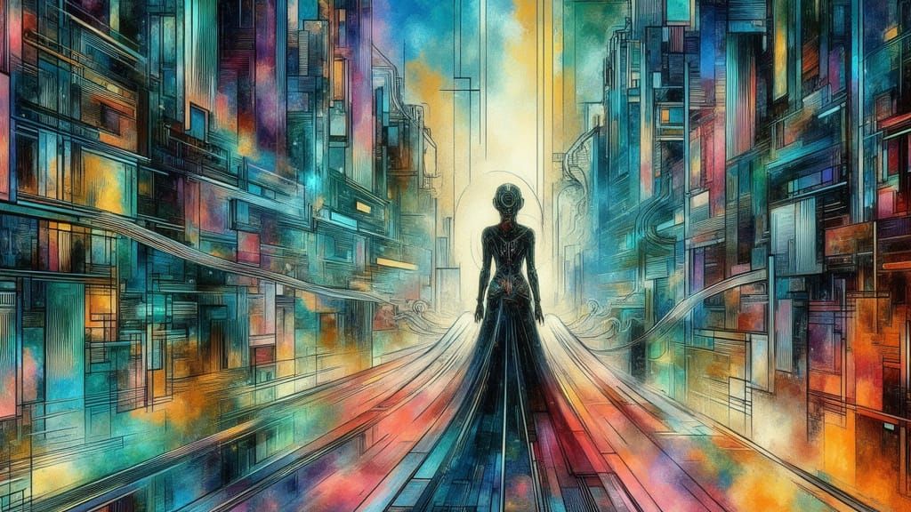 Utopian Cyberpunk Cityscape with Woman in Futuristic Attire