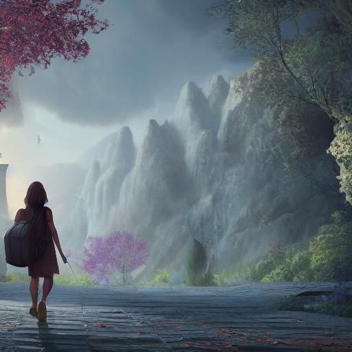 Woman Walking Towards Sunrise: Detailed Matte Painting