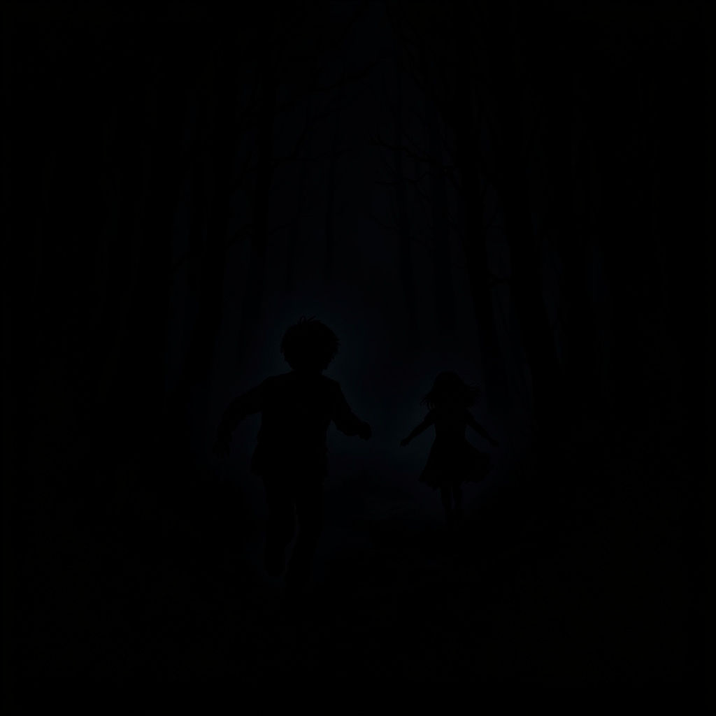 Boy and Girl Fleeing Horror in Dark Forest