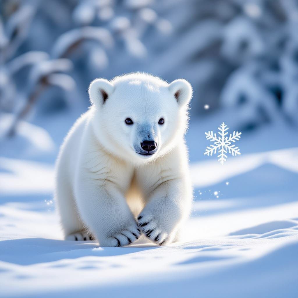 Adorable Baby Polar Bear Chasing Snowflake in Arctic