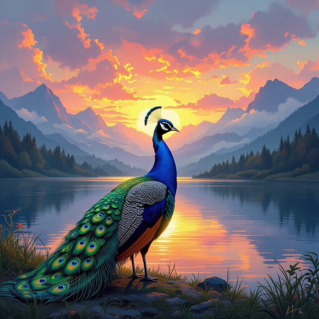 Peacock Reflects Sunset Over Misty Mountains as Matte Painti...