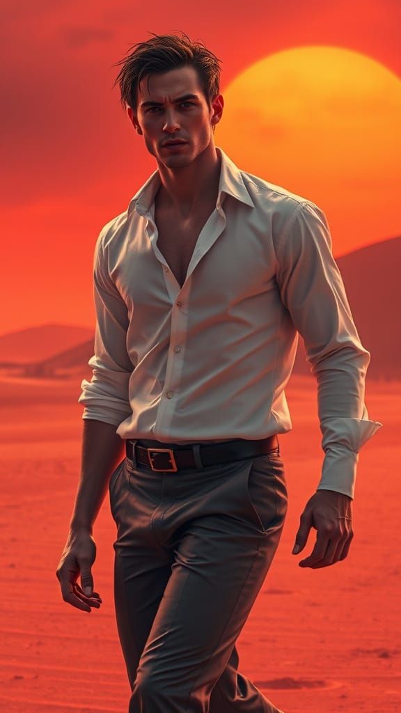 Vampire Man Walks in Red Desert, Hyperrealistic Digital Art