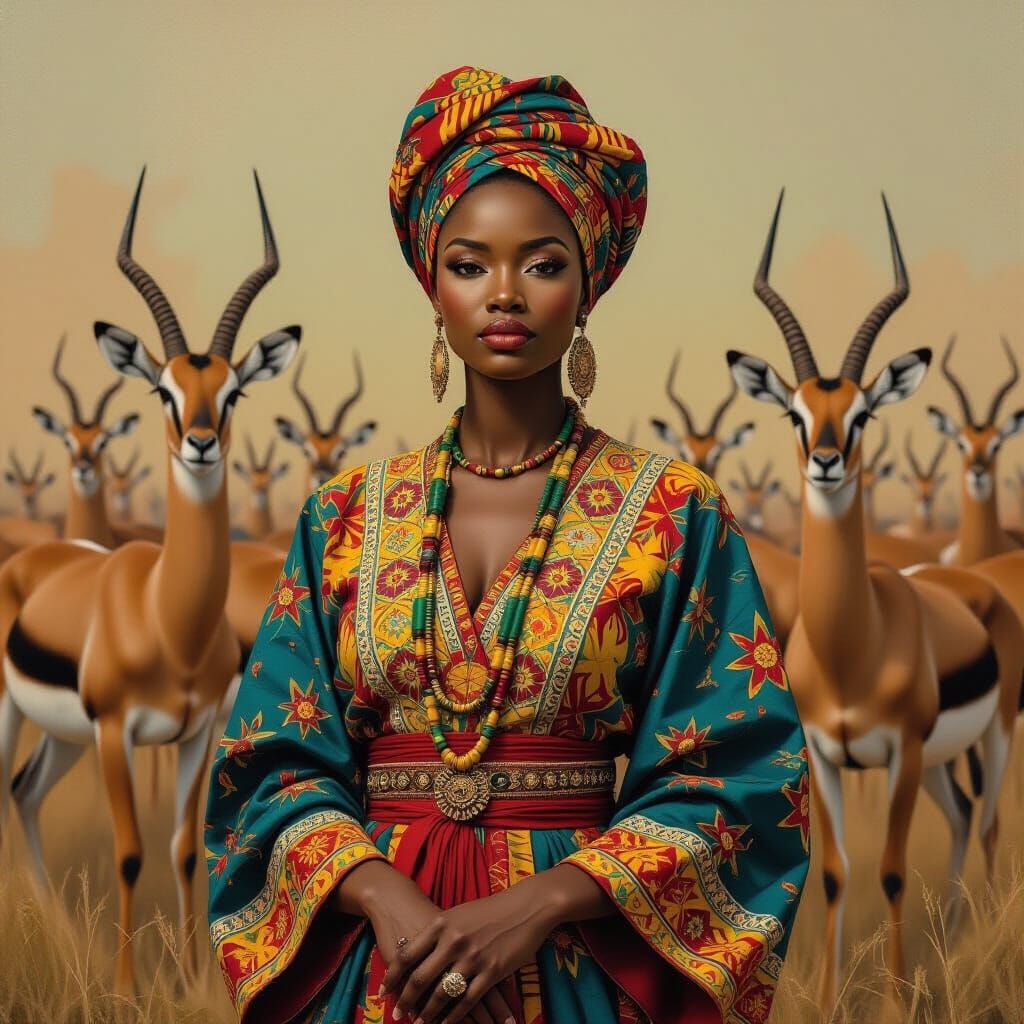 Serene Lady in African Dress with Gazelles