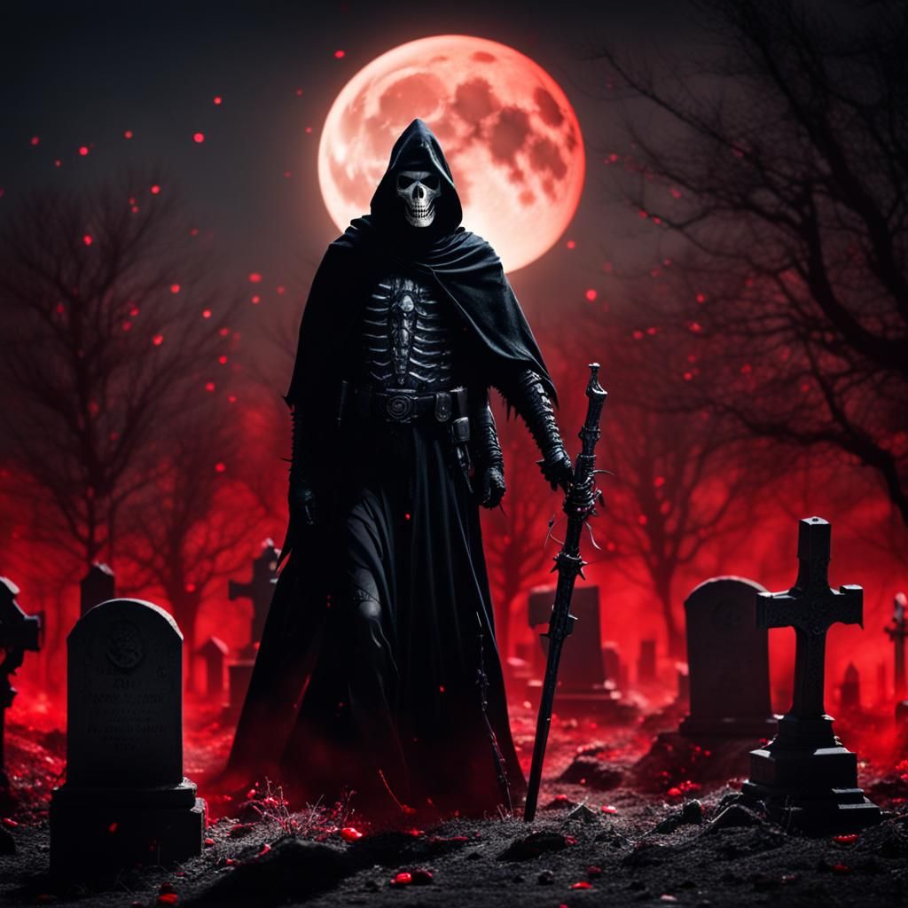 Armored Grim Reaper in Graveyard Under Red Moon