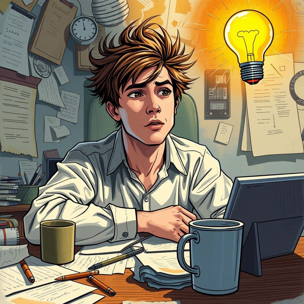 Young Genius Struck by Inspiration in Vibrant, Detailed Styl...