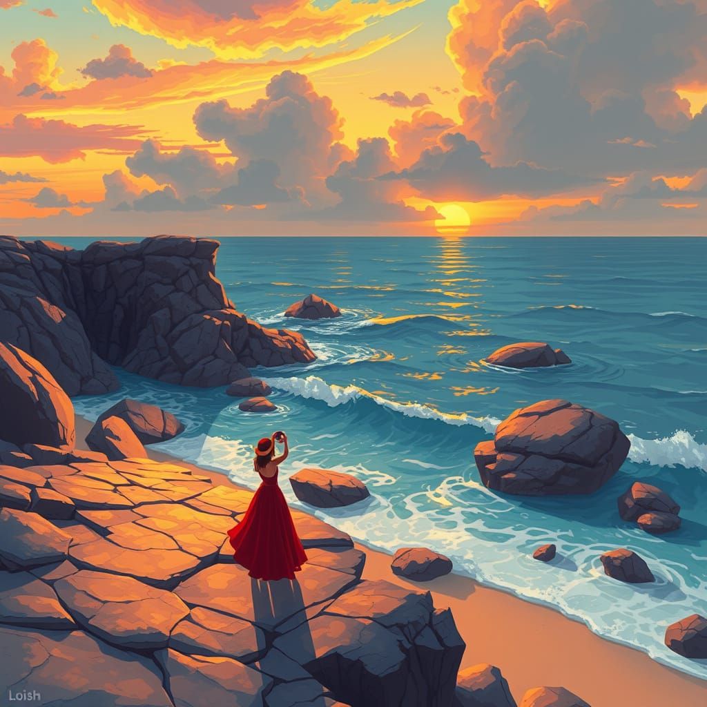 Woman with Pokeball on Rocky Shoreline