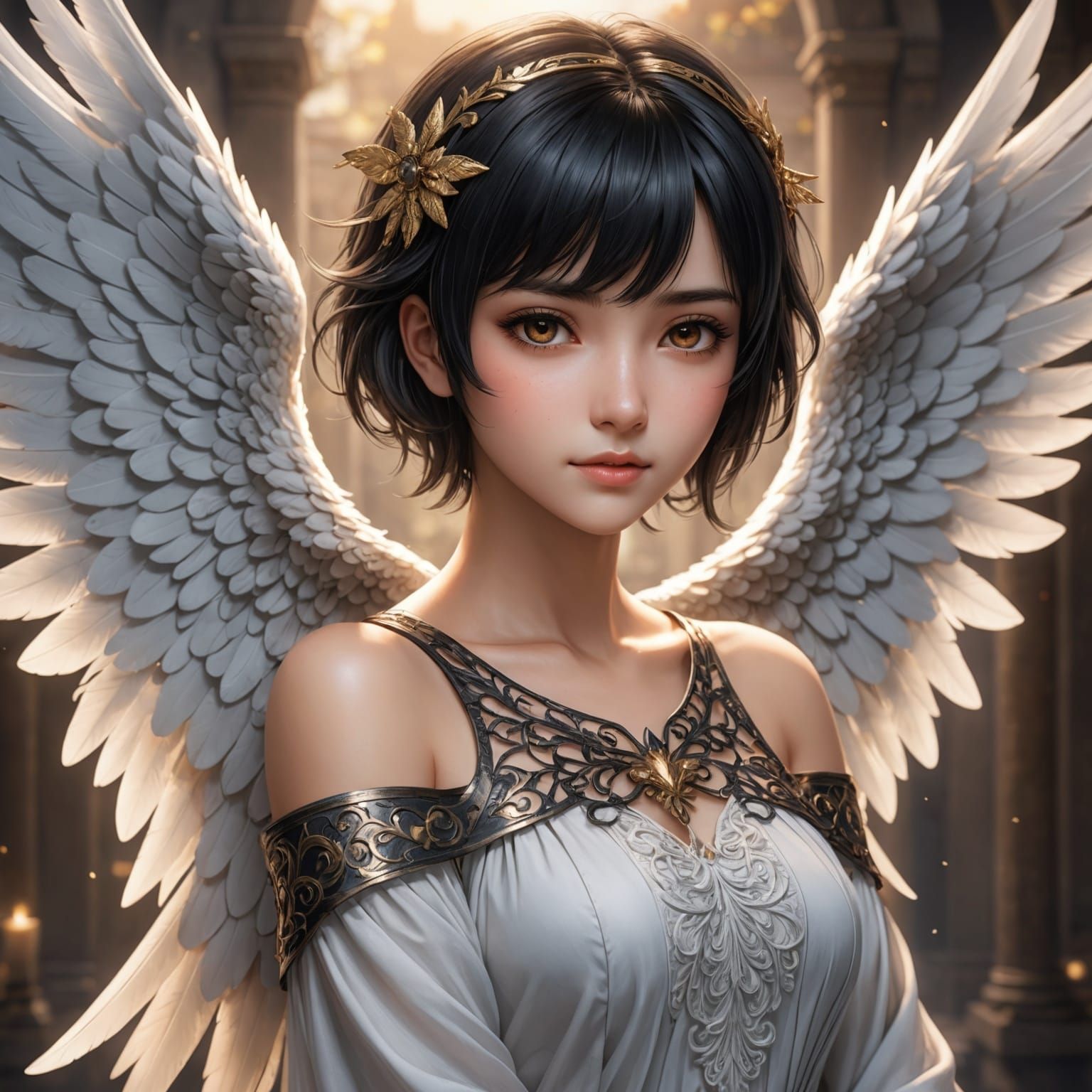 Anime Angel with Black Hair and Brown Eyes