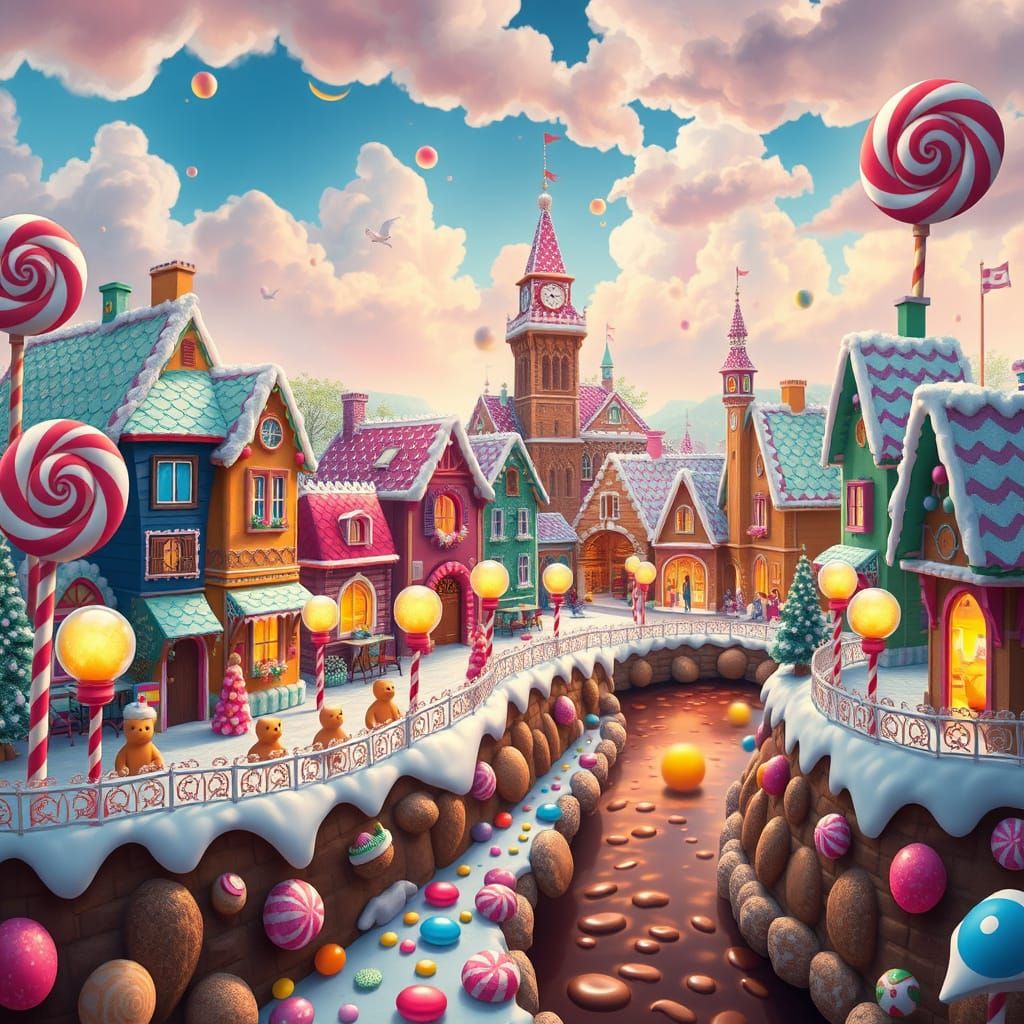 Whimsical Candy Cityscape with Lollipop Lampposts and Gummy ...