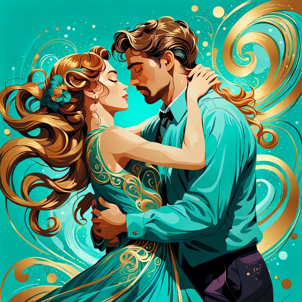 Romantic Couple Embrace in Vibrant Vector Art Nouveau Style