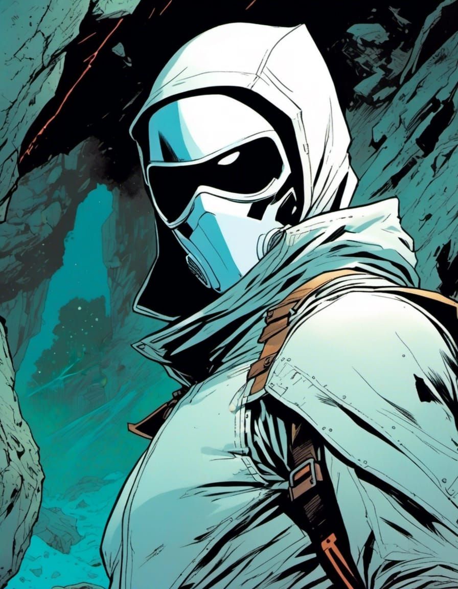 Ghostly Tech Ninja in Dark Cave, Comic Book Art