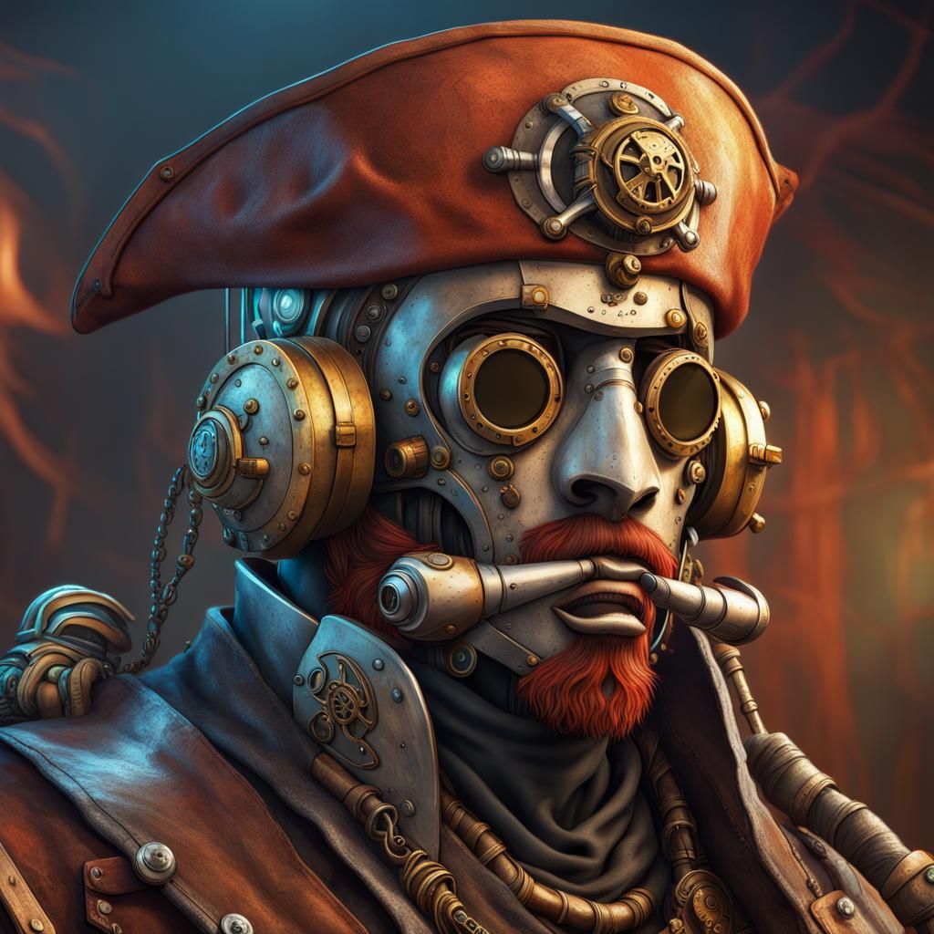 Steampunk Robot Pirate Captain in Hyperrealistic Style
