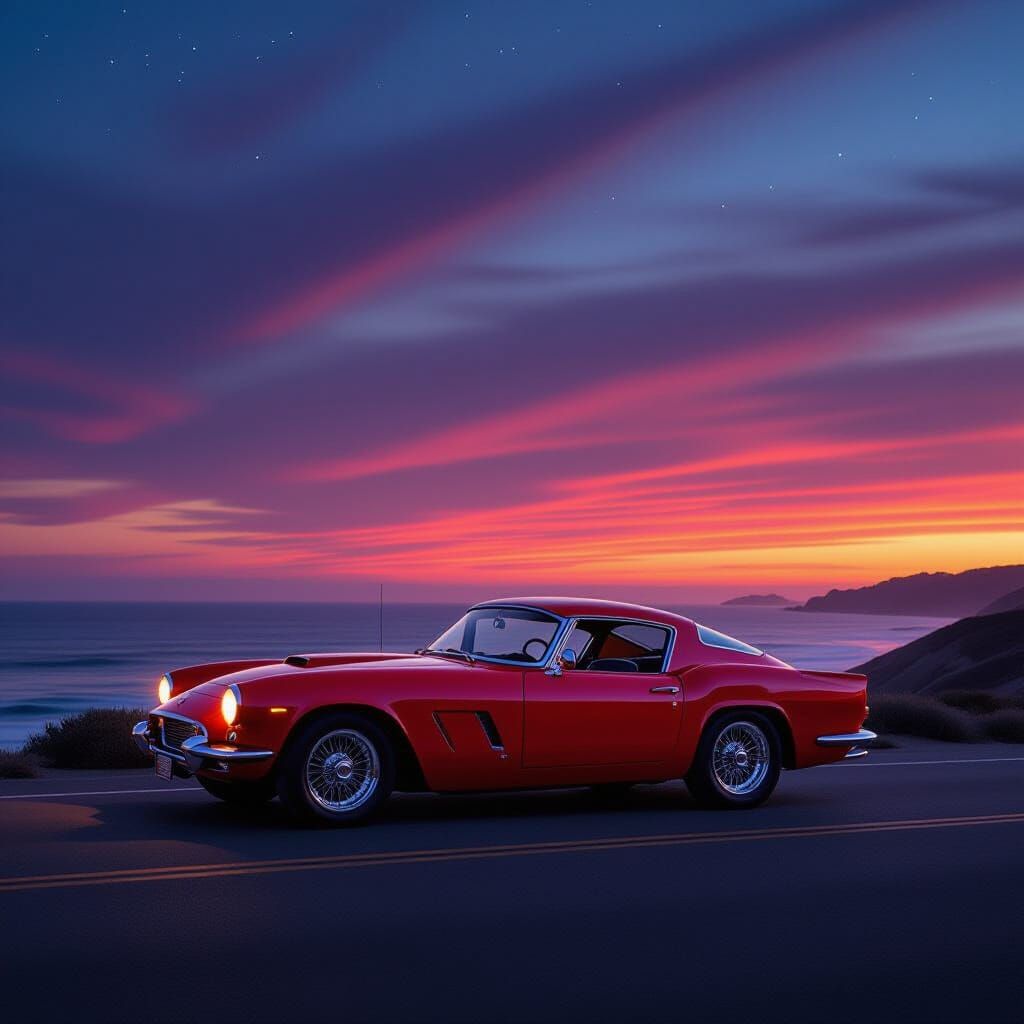 Vintage Red Sports Car on Coastal Highway at Dusk