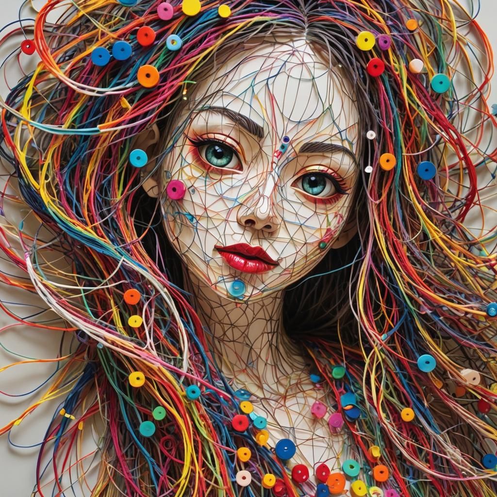 String Art: Woman Creating Herself in Mid-Air
