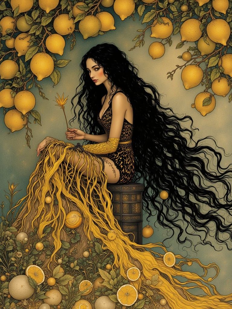Girl Under Lemon Tree in Art Nouveau Style