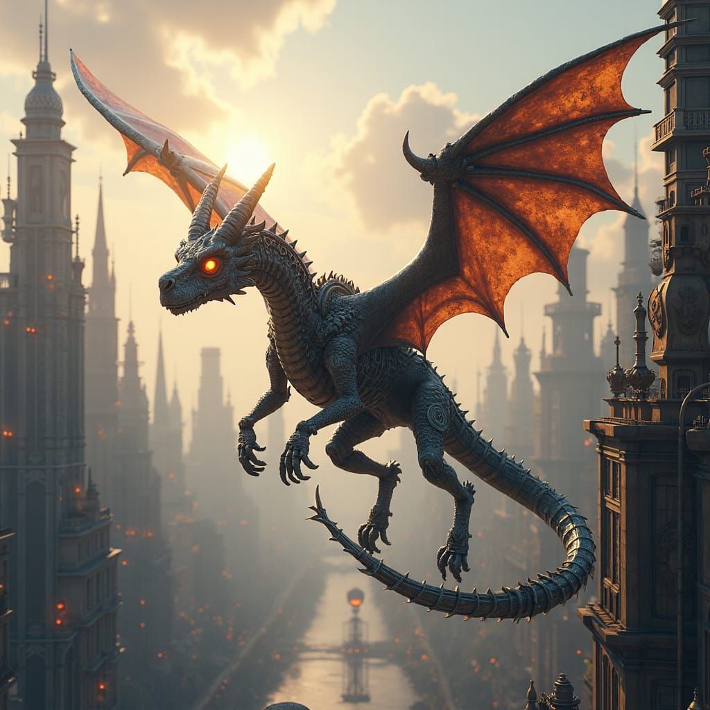 Clockwork Dragon Soaring Over Steampunk Metropolis