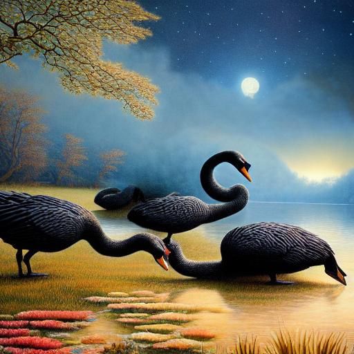 Elegant Black Swans in Surreal Fantasy Setting