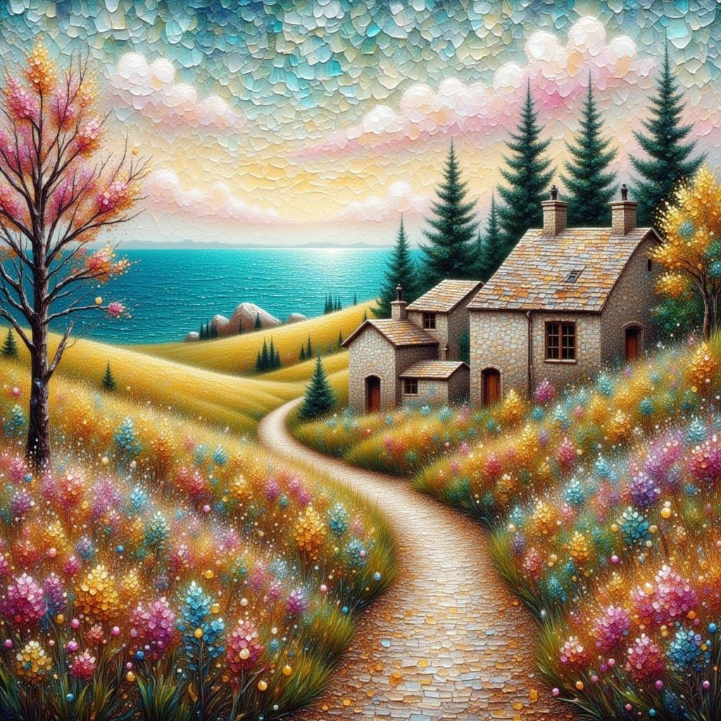 Whimsical Rural Landscape with Stone Cottages and Floral Fie...