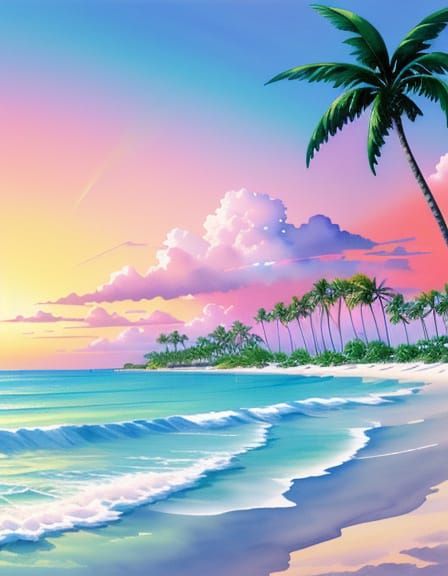 Rainbow Beach Sunset in Watercolor Splash Art Style