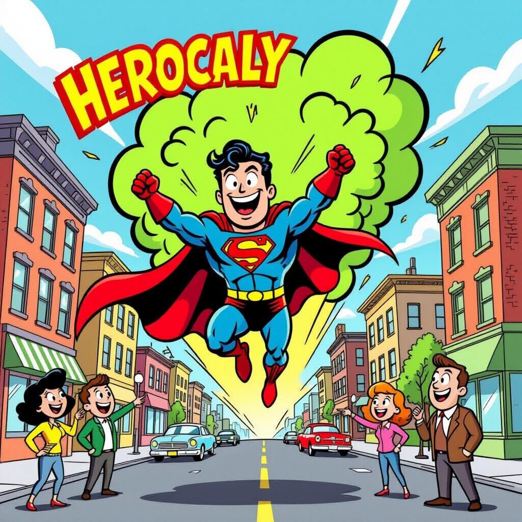 Cartoon Superhero Fart Boosted Upward By Green Cloud