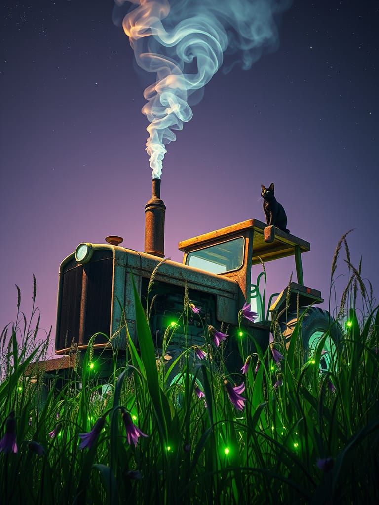 Surreal Junk Metal Tractor Sculpture with Bioluminescent Gar...