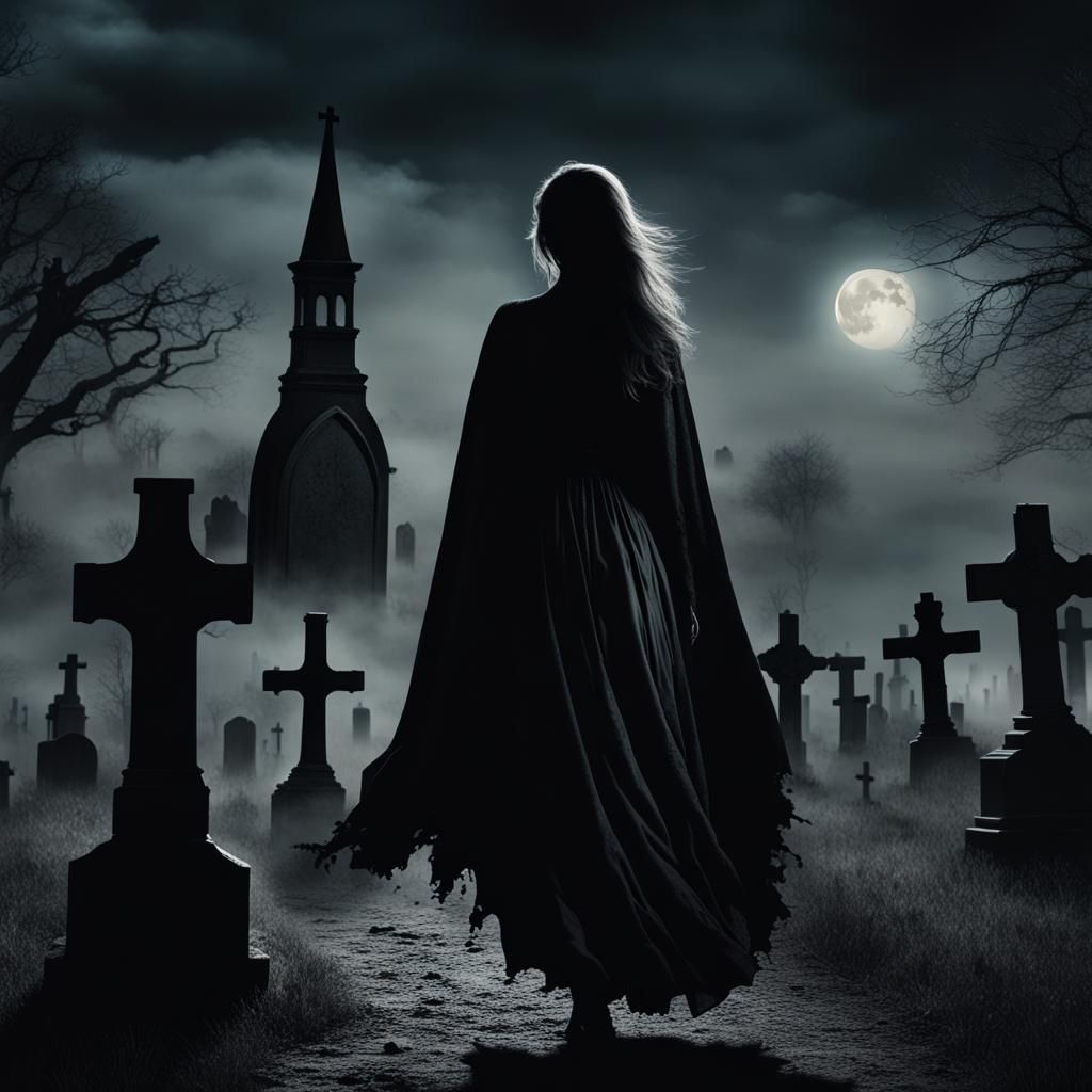 Graveyard Under Harvest Moon in Dark Academia Style